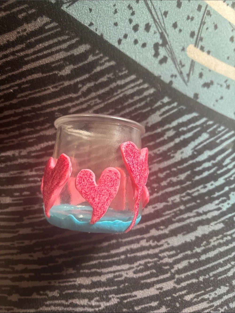 Handcrafted Clay Covered Glass Holder with Pink Heart Accents